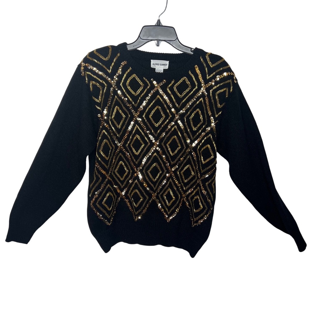 Vintage 80s Sequins chunky Alfred Dunner‎ Womens Black Diamond Pattern Sweater